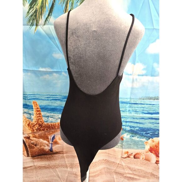 Shinestar Black Deep V-Neck Spaghetti Strap Bodysuit Size M - Picture 2 of 11